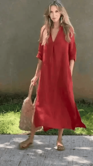 Robe En Lin Décontractée Avec Encolure En V