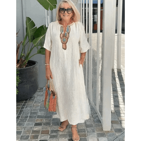Robe Lisboa Fendue En Lin Brodée