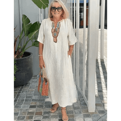 Robe Lisboa Fendue En Lin Brodée